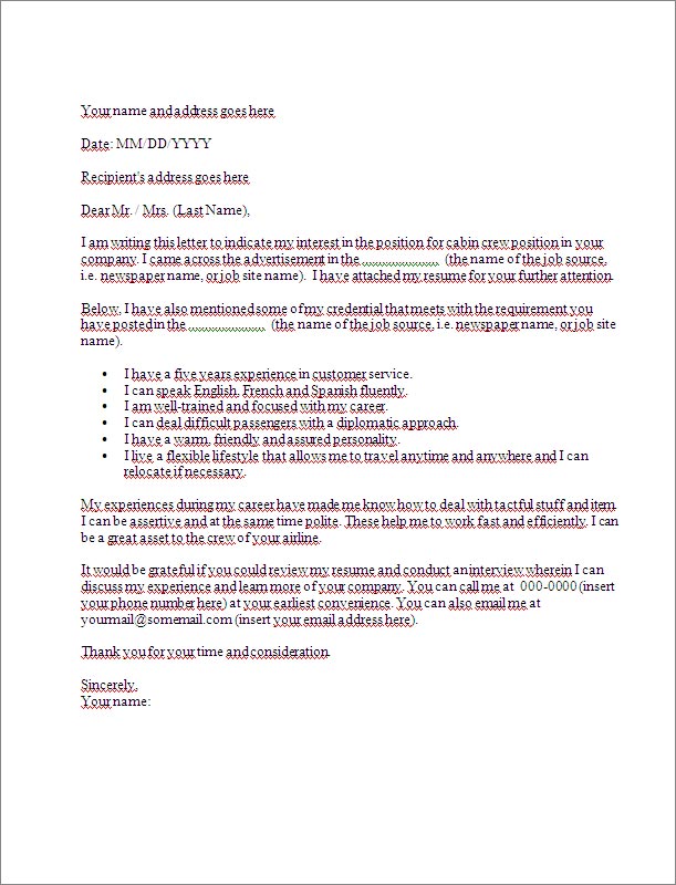 cover letter format for cabin crew