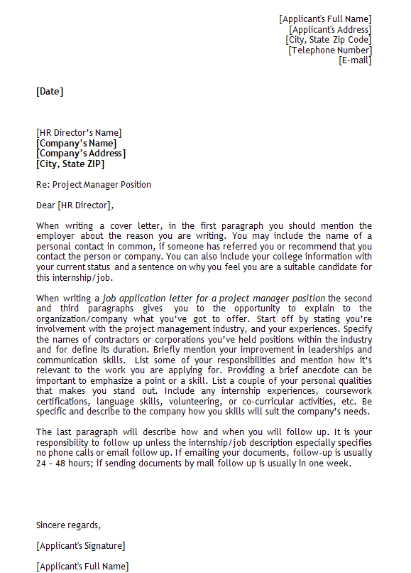 project manager application letter sample