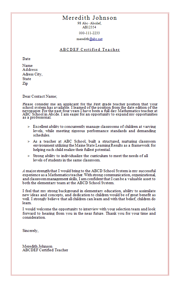 example of application letter for secondary teacher